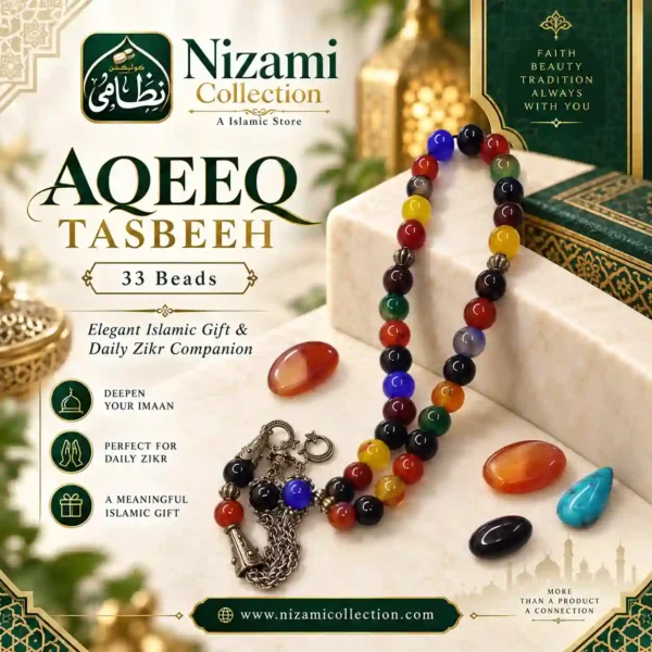 Multicolor Aqeeq Stone Tasbeeh 33 Beads 8mm Multicolor Aqeeq Stone Tasbeeh with 33 round 8 mm mixed-colour beads and decorative metal details
