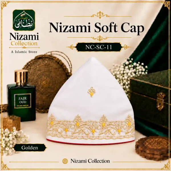 Nizami Soft Cap Golden NC-SC-11 Nizami Soft Cap in white with golden embroidery and red piping