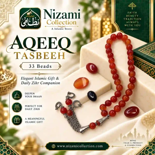 Red Aqeeq Stone Tasbeeh 33 Beads 8mm Red Aqeeq Stone Tasbeeh with 33 round 8 mm red beads and decorative metal details