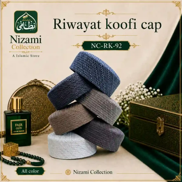 Nizami Collection Riwayat Koofi Cap NC-RK-92 in multiple colors including blue, black, grey, brown and white