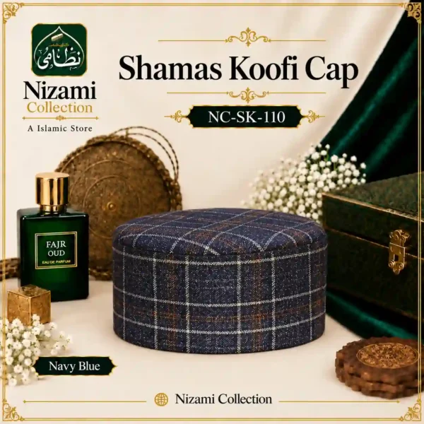 Shamas Koofi Cap NC-SK-110 in navy blue with white and brown check pattern