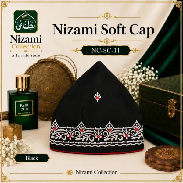 Nizami Soft Cap Black NC-SC-11 Nizami Soft Cap Black with silver embroidery and red bead details